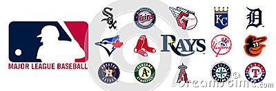 League Baseball. American League. Blue Jays, Red Sox, Rays, Yankees, Orioles, White Sox, Guardians, Twins, Royals, Tigers, Astros Vector Illustration