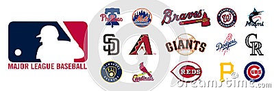 League Baseball. National League. Mets, Phillies, Braves, Marlins, Nationals, Brewers, Cardinals, Reds, Pirates, Cubs, Padres, Vector Illustration