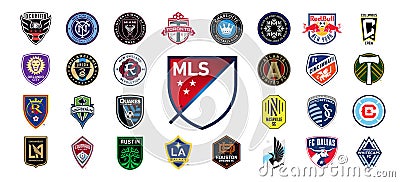 League Soccer MLS. NY City, Inter Miami CF, Toronto, Charlotte, CF Montreal, NY Red Bulls, Orlando City SC, Chicago Fire, Real Vector Illustration