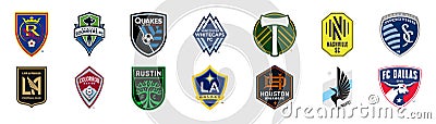 League Soccer MLS. Real Salt Lake, Seattle Sounders, San Jose Earthquakes, Vancouver Whitecaps, Portland Timbers, Nashville SC, Vector Illustration