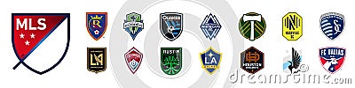 League Soccer MLS. Real Salt Lake, Seattle Sounders, San Jose Earthquakes, Vancouver Whitecaps, Portland Timbers, Nashville SC, Vector Illustration