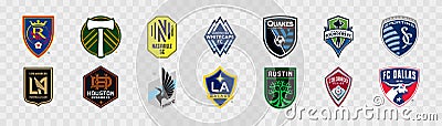 League Soccer MLS. Real Salt Lake, Seattle Sounders, San Jose Earthquakes, Vancouver Whitecaps, Portland Timbers, Nashville SC, Vector Illustration