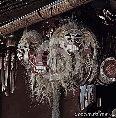 Leak mask are handicrafts made by the comunity in the traditional village penglipuran, Bali Indonesia Stock Photo