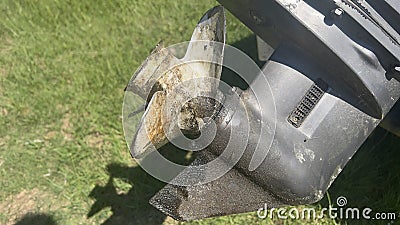 Leaking and oil covered boat lower unit Stock Photo