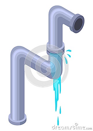 Leaking pipes isometric. Broken pipe tube with leaking water. Plumbing construction pipeline with damage element. 3d Vector Illustration