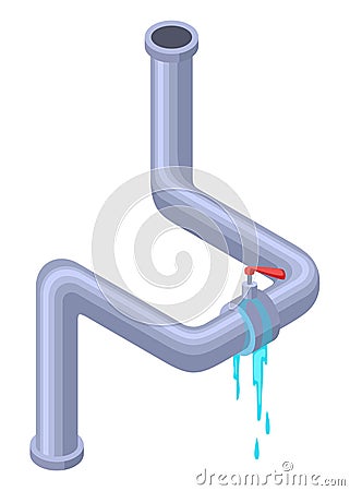 Leaking pipes isometric. Broken pipe tube with leaking water. Plumbing construction pipeline with damage element. 3d Stock Photo