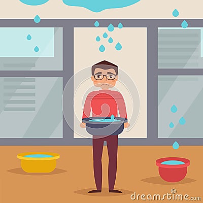 Leaking roof. Man stands Vector Illustration