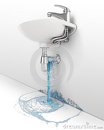 A leaking under the sink is splashing around on white background, water flow concept, Cartoon Illustration