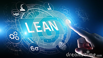 Lean, Six sigma, quality control and manufacturing process management concept on virtual screen. Stock Photo