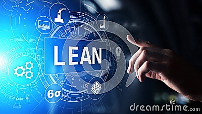 Lean, Six sigma, quality control and manufacturing process management concept on virtual screen. Stock Photo