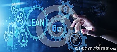 Lean, Six sigma, quality control and manufacturing process management concept on virtual screen. Stock Photo