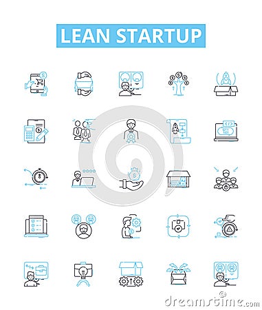Lean startup vector line icons set. Lean, Startup, Iterate, MVP, Agile, KPI, Prototype illustration outline concept Vector Illustration