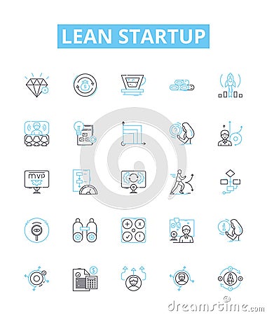Lean startup vector line icons set. Lean, Startup, Iterate, MVP, Agile, KPI, Prototype illustration outline concept Cartoon Illustration