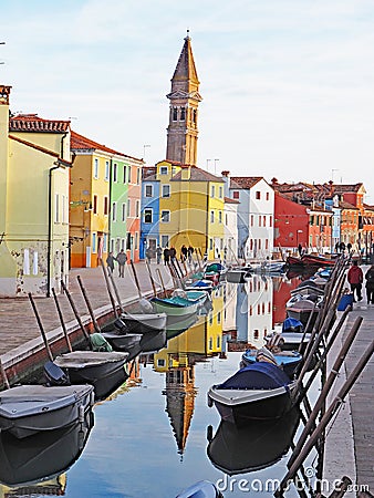 The leaning tower of the Campanile of San Martino church on the island of Burano, Venice Editorial Stock Photo