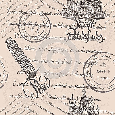 Leaning tower and the Church of the Savior on Blood with lettering Saint Petersburg and Pisa, seamless pattern on beige background Vector Illustration