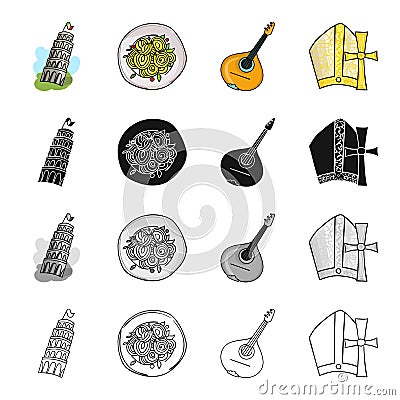 The Leaning Tower of Pisa, Italian pasta, mandolin, an attribute of Catholicism. Italy set collection icons in cartoon Vector Illustration