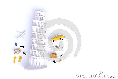 Leaning Tower of Pisa, Italy, Europe, Italian Architecture, Top view of Traveler`s accessories abstract minimal white background. Stock Photo