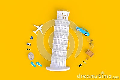 Leaning Tower of Pisa, Italy, Europe, Italian Architecture, Top view of Traveler`s accessories abstract minimal yellow background Stock Photo