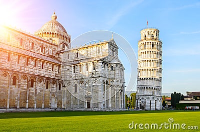 Leaning Tower of Pisa at sunset Stock Photo