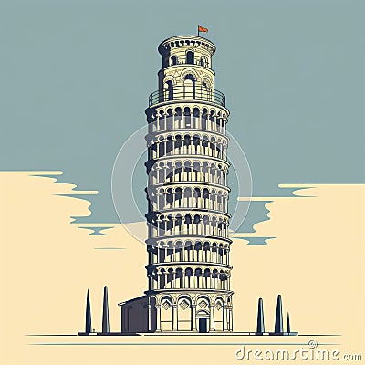 Retro Style Leaning Tower Of Pisa Illustration With Minimalist Design Stock Photo