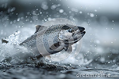 Leaping Salmon: Essence of Aquatic Vigor. Concept Underwater Elegance, Powerful Movements, Natural Stock Photo