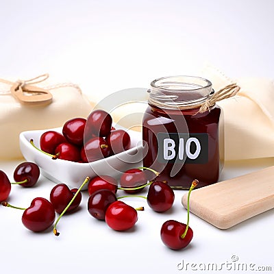 ?lear glass jar filled with cherry jam and berries sits next to wooden sign bearing word Bio. Stock Photo