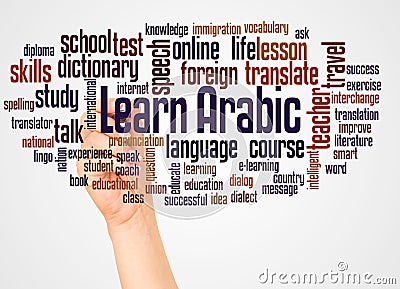 Learn Arabic word cloud and hand with marker concept Stock Photo