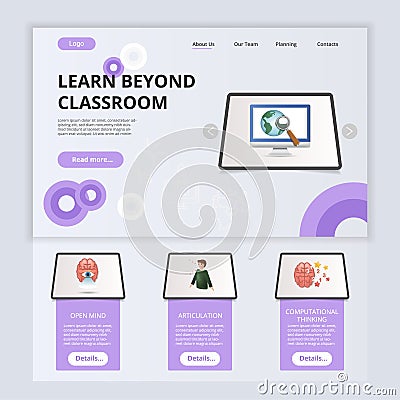 Learn beyond classroom flat landing page website template. Open mind, articulation, computational thinking. Web banner Vector Illustration