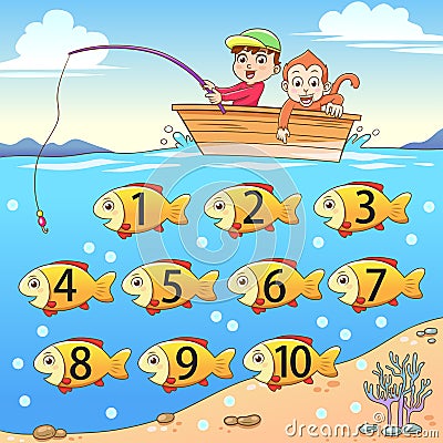 Learn counting number with fishing. Vector Illustration