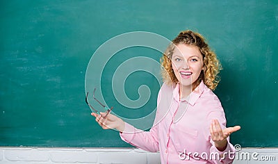 Learn discipline and punctuality from school teacher. High demanding educator. Learning progress. Woman school teacher Stock Photo