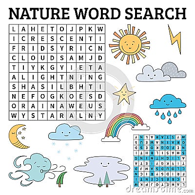 Learn English with a nature word search game for kids. Vector il Vector Illustration