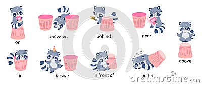 Learn english prepositions with raccoon. Cute raccoons behind, on under trash can. Preschool kids grammar poster Vector Illustration