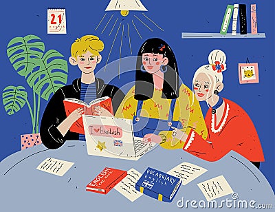 Learn English. Students studying with books. Group of people in classroom. Vector Illustration