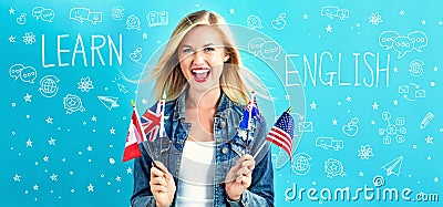 Learn English text with young woman Stock Photo