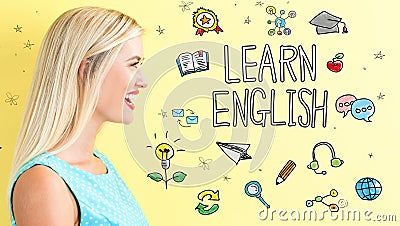 Learn English theme with young woman Stock Photo