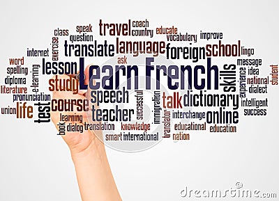 Learn French word cloud and hand with marker concept Stock Photo