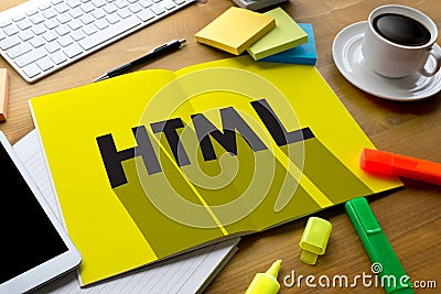 Learn HTML, web development and web design, Trendy long shadow Stock Photo