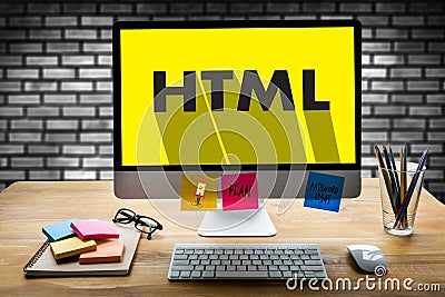 Learn HTML, web development and web design, Trendy long shadow Stock Photo