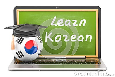 Learn Korean concept with laptop blackboard, graduation cap and Stock Photo