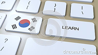 Learn Korean Language Concept. Online Study Courses. Button with Text on Keyboard. 3D Illustration Stock Photo