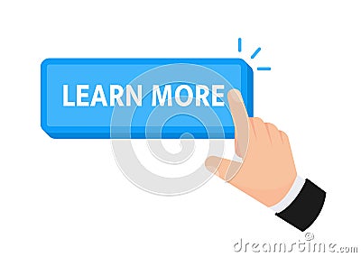 Learn more button with hand clicking. Web button. Finger Pressing. Vector illustration Vector Illustration
