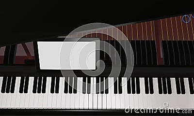 Learn piano online by yourself. Use a tablet or computer to learn piano tutorials online. The black grand piano has a tablet Stock Photo