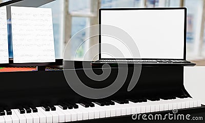 Learn piano online by yourself. Use a tablet or computer to learn piano tutorials online. The black grand piano has a tablet Stock Photo