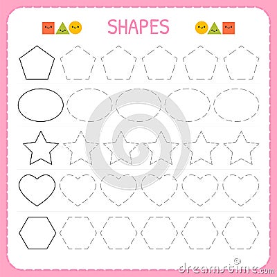 Learn shapes and geometric figures. Preschool or kindergarten worksheet for practicing motor skills. Tracing dashed lines for kids Vector Illustration