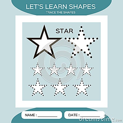 Learn Shapes. Star. Handwriting practice. Trace and write. Educational children game. Kids activity printable sheet Vector Illustration