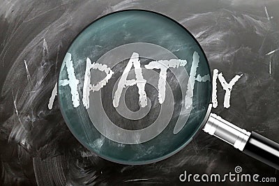 Learn, study and inspect apathy - pictured as a magnifying glass enlarging word apathy, symbolizes researching, exploring and Cartoon Illustration