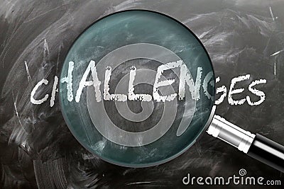 Learn, study and inspect challenges - pictured as a magnifying glass enlarging word challenges, symbolizes researching, exploring Cartoon Illustration