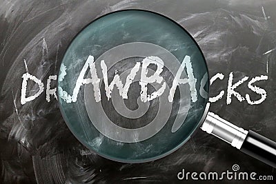 Learn, study and inspect drawbacks - pictured as a magnifying glass enlarging word drawbacks, symbolizes researching, exploring Cartoon Illustration