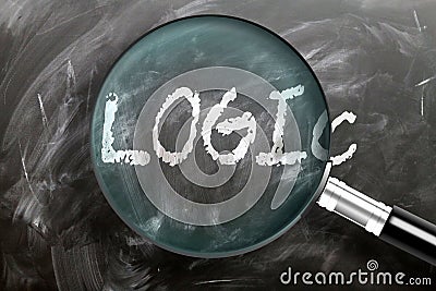 Learn, study and inspect logic - pictured as a magnifying glass enlarging word logic, symbolizes researching, exploring and Cartoon Illustration