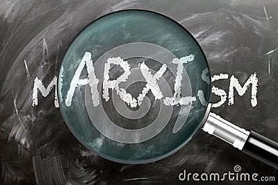 Learn, study and inspect marxism - pictured as a magnifying glass enlarging word marxism, symbolizes researching, exploring and Cartoon Illustration